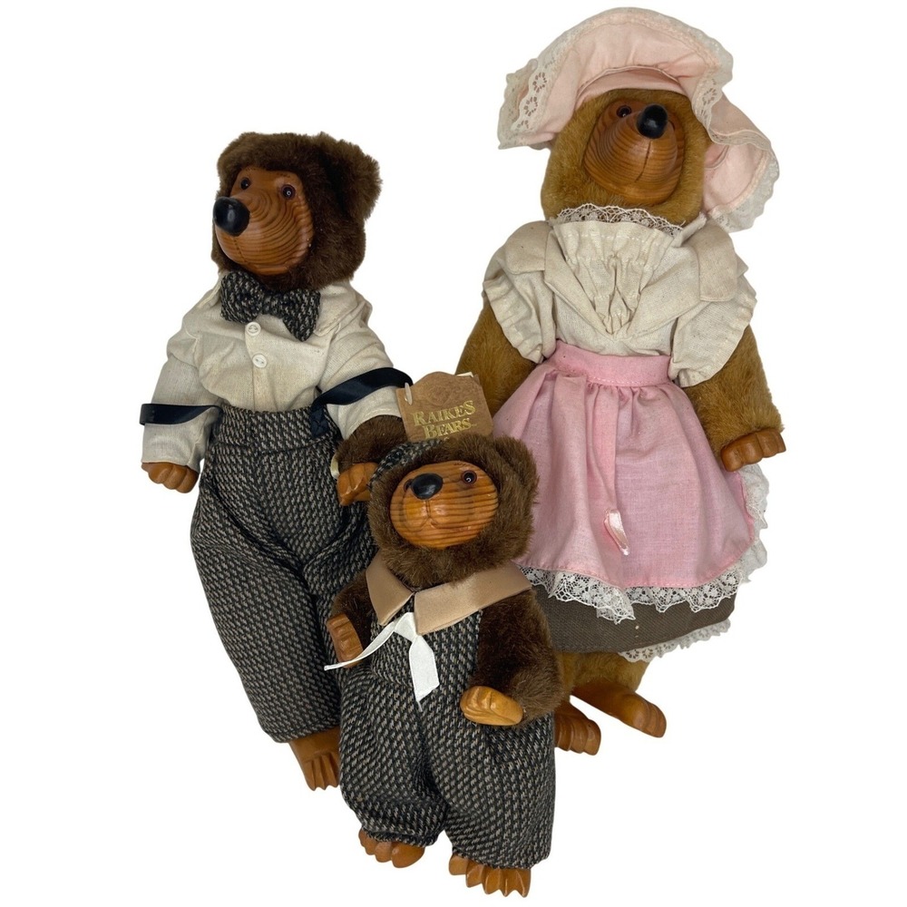 VINTAGE w TAG Raikes Bears Wooden Face Plush Bear Family Set of 3